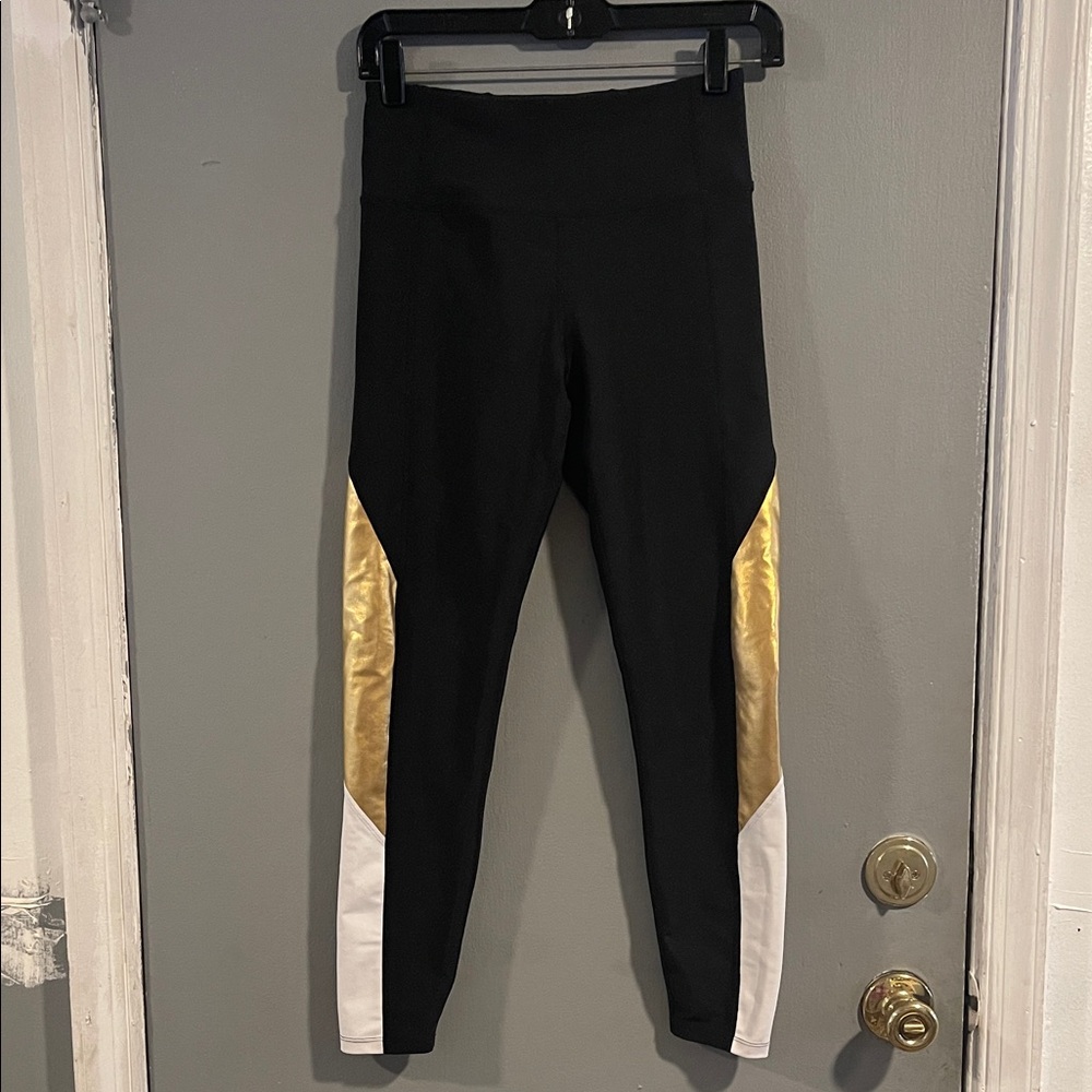 AQUA‎ ATHLETIC Black Gold and White Colorblock Workout High-Rise Leggings Size S